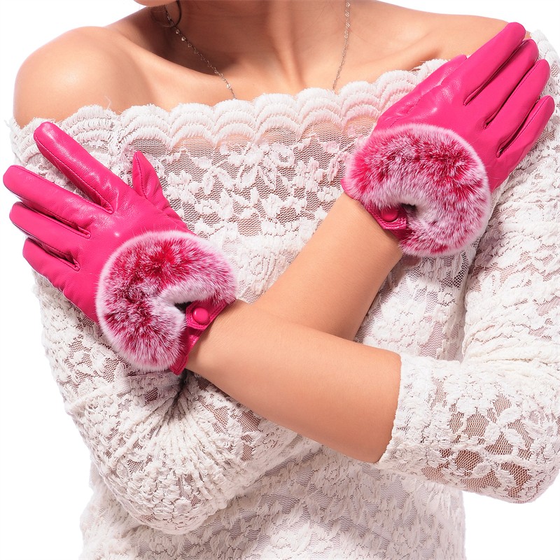 Leather gloves for women, otter rabbit fur fashionable leather gloves MK08