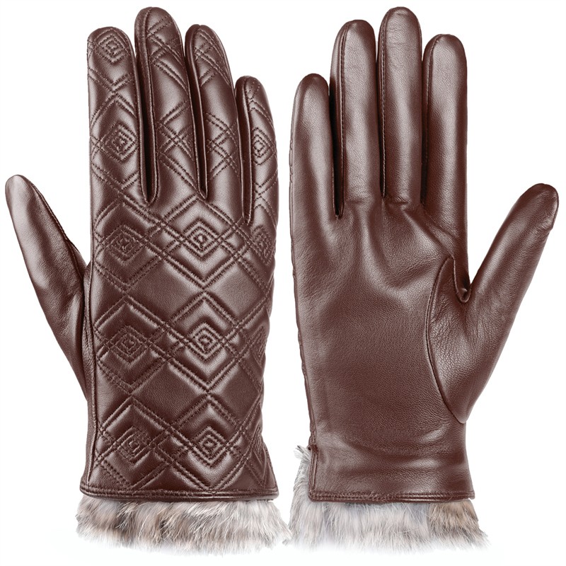 Brown Sheepskin Gloves Touch Screen Wool Inner Leather Embroidered Gloves NS268
